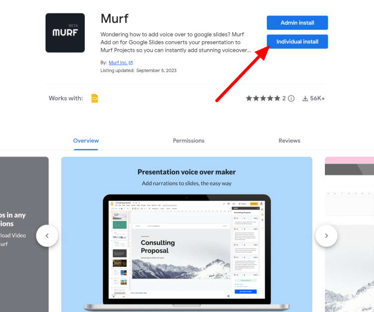 25-murf-ai-individual-google-slides-add-on Installing Murf to use on Google Slides in Google Workspace Marketplace.