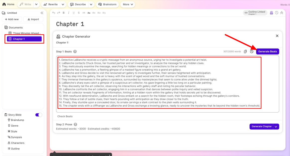 Selecting "Generate Beats" when using the Story Bible in Sudowrite.