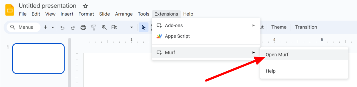 26-murf-ai-google-slides-extension Selecting Open Murf in a Google Slides presentation.