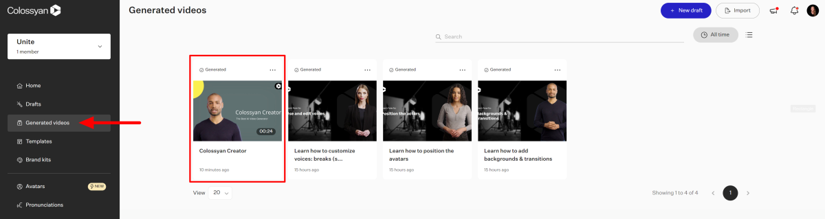 Finding the AI generated video under Generated videos on Colossyan Creator.