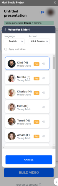 27-murf-ai-google-slides-voices Selecting a voice to use with Murf AI's Google Slides add-on.