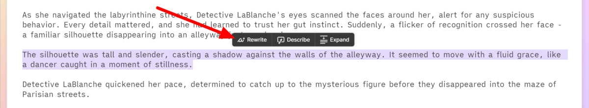 Highlighting a sentence within a Sudowrite document and selecting the "Rewrite" button.