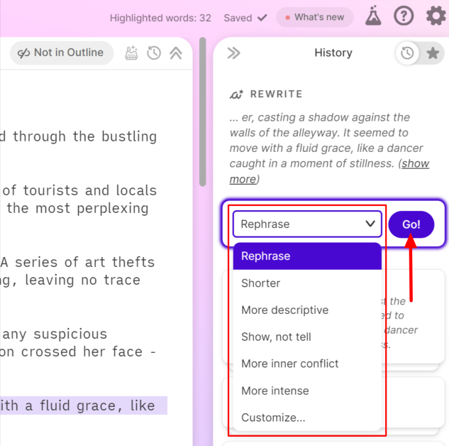 Selecting how I want to rewrite a few sentences highlighted in a Sudowrite document.