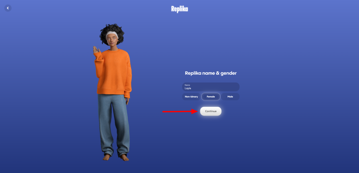 3-1845e90c-99bc-4030-ba12-c2aad453036b Giving my Replika a name and gender and hitting Continue.