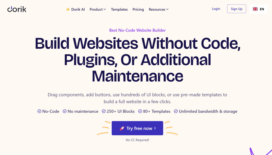 3-20bed35e-85fa-4539-b4be-3b5809b2475d The Dorik website builder landing page.