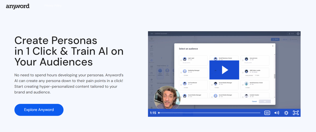 The Anyword landing page for creating personas in a single click.
