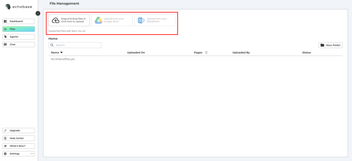 Emphasizing the different ways to upload files to Echobase.