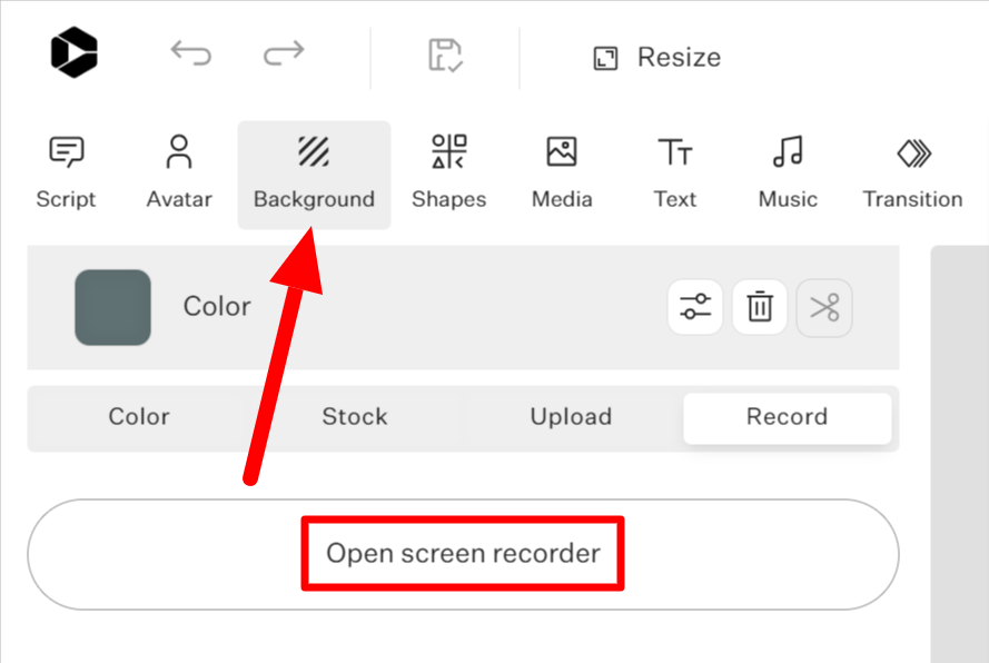 Selecting Background, Record, and Open screen recorder to access the screen recorder within Colossyan.