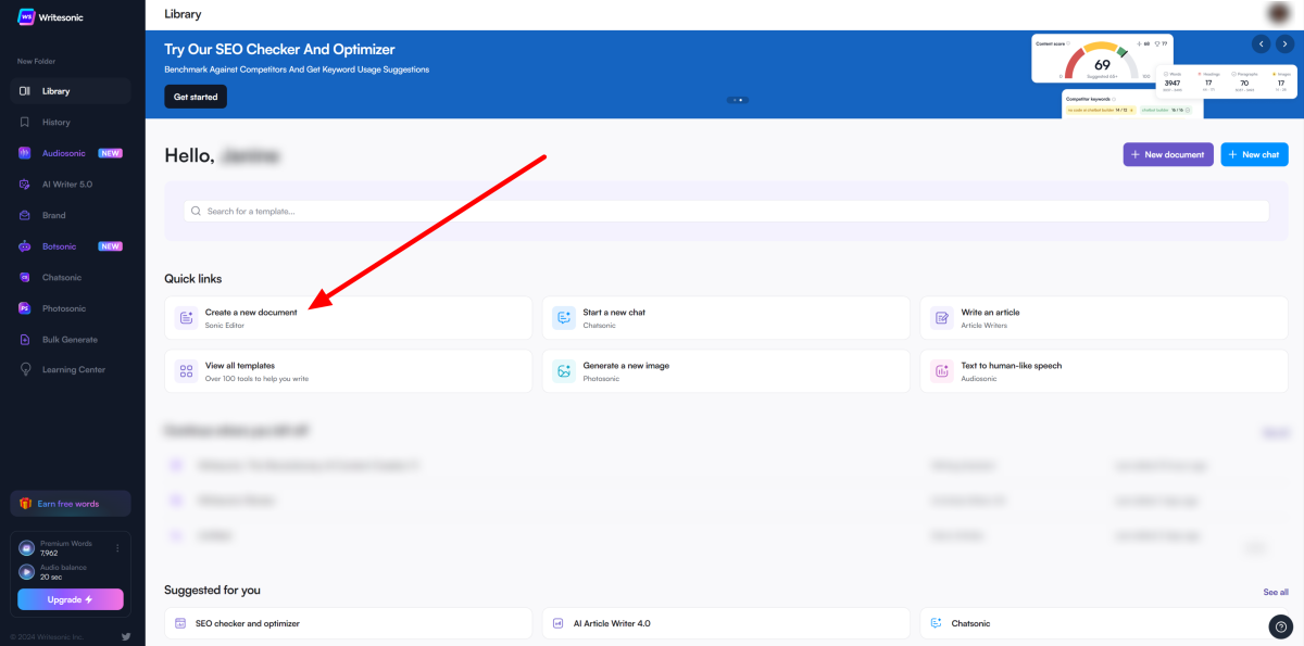 Selecting "Create a new document" from Quick links in the Writesonic Library.
