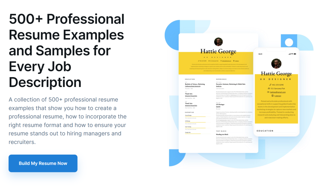 VisualCV resume samples landing page.