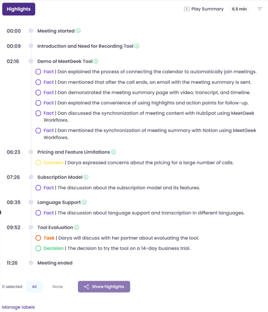 Highlights generated by MeetGeek from an online meeting.