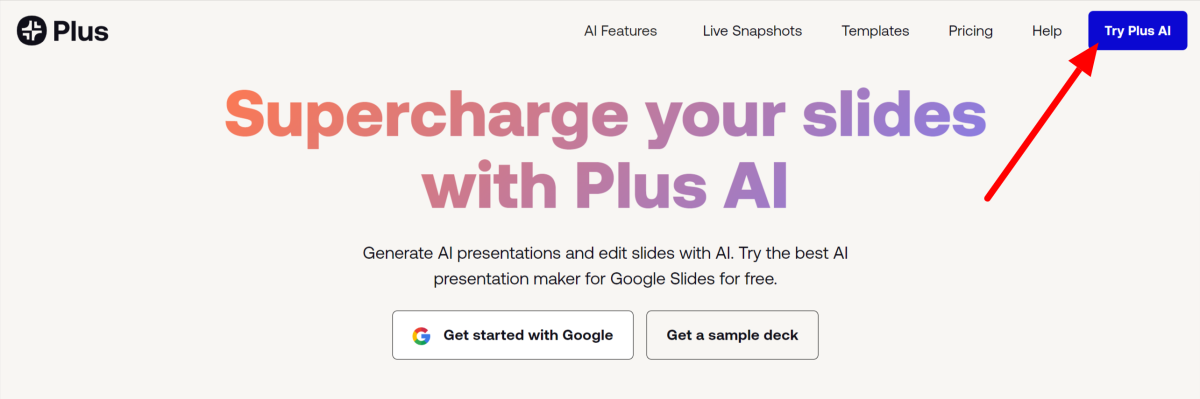 3-plusai-signing-up Selecting Try Plus AI on the homepage.