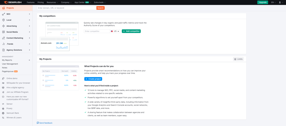 The Semrush dashboard.