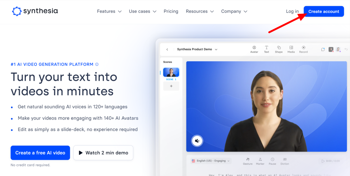 Selecting "Create account" on the Synthesia homepage.