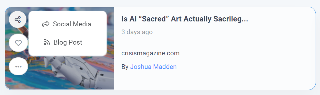 The option to share an article to social media, as a blog post, or favoriting it.