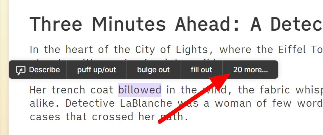 Highlighting a word in the Sudowrite document to replace.