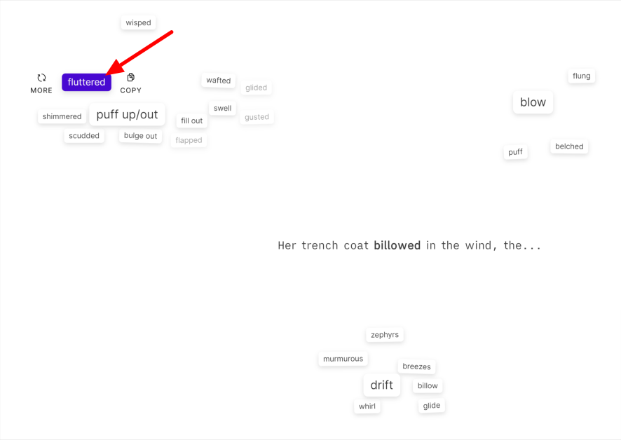 Selecting a word to replace the word I had originally highlighted in the Sudowrite document.