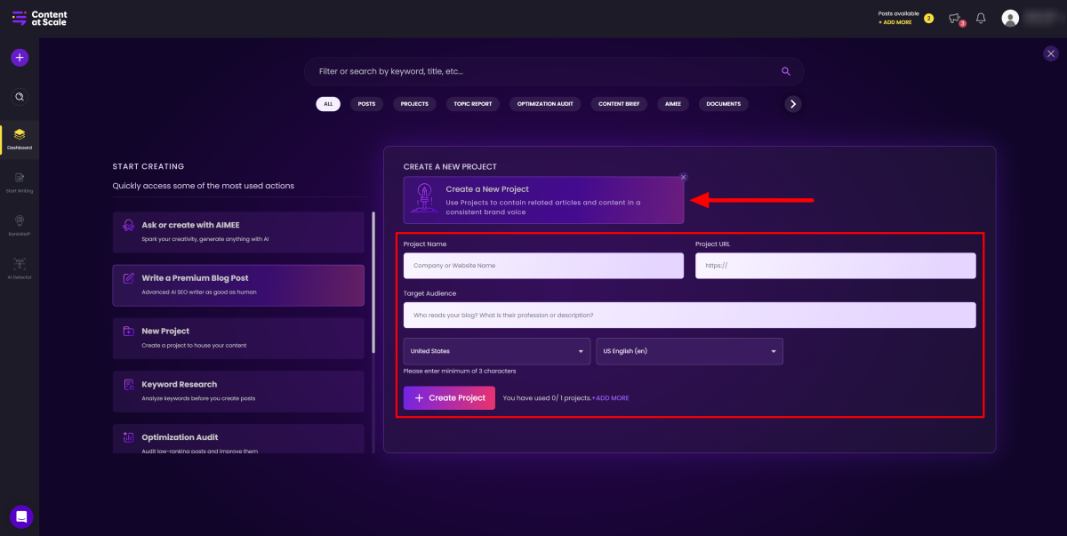 Selecting Create a New Project using Content at Scale.