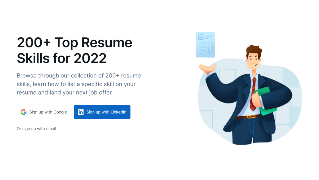 VisualCV resume skills landing page.