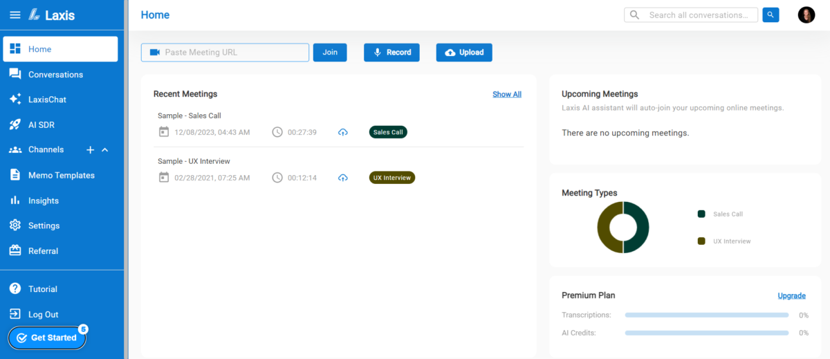 The Laxis dashboard.
