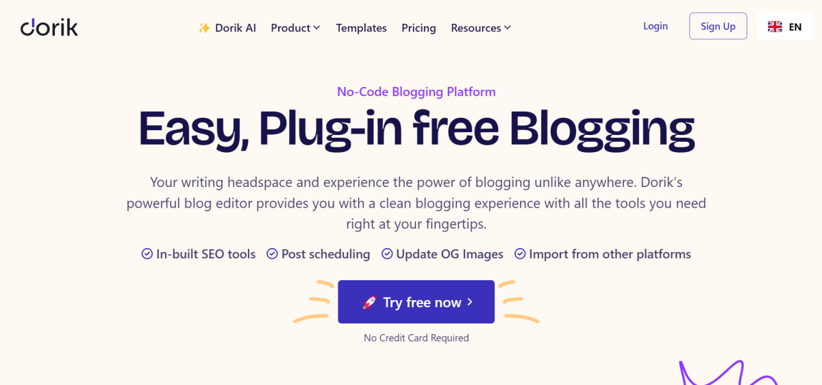 4-b414e345-32c6-4dae-918c-bdc57f1c2ba4 The Dorik blogging platform landing page.