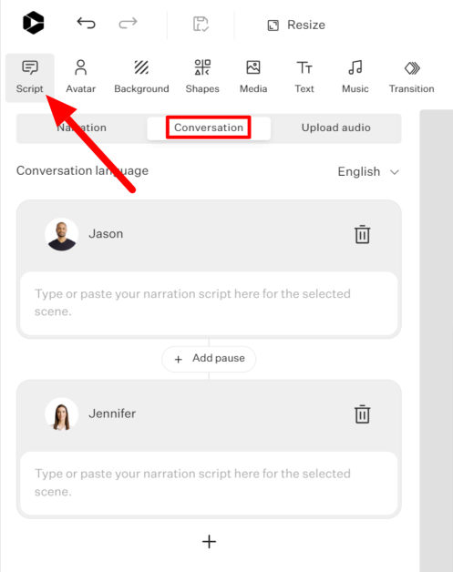 Selecting Script and Conversation in the video editor using Colossyan to get two AI avatars to have a conversation.