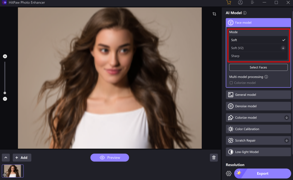 The HitPaw Photo Enhancer with the Face models highlighted.
