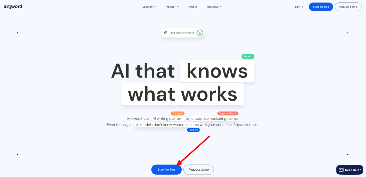Selecting Start for Free on the Anyword homepage.