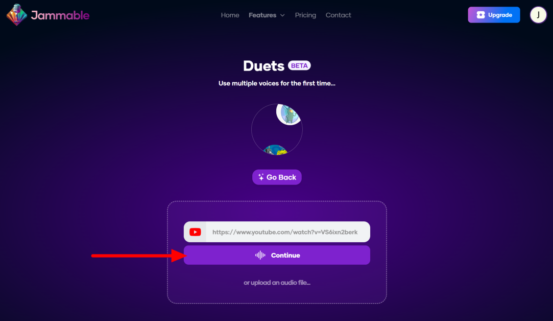 5-07dce7e6-40a8-46cf-9ca1-460f3ef1e72a Pasting a YouTube link and selecting Continue to create a Duet with Jammable.