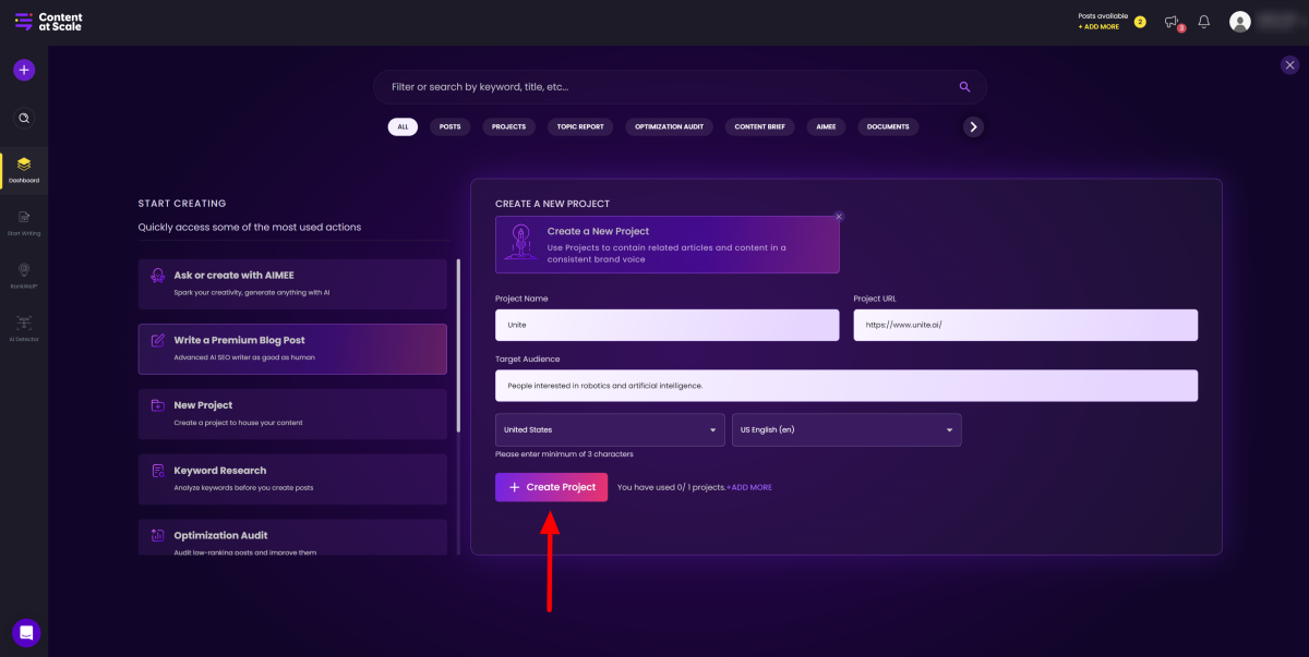 Selecting Create Project when creating a new project with Content at Scale.