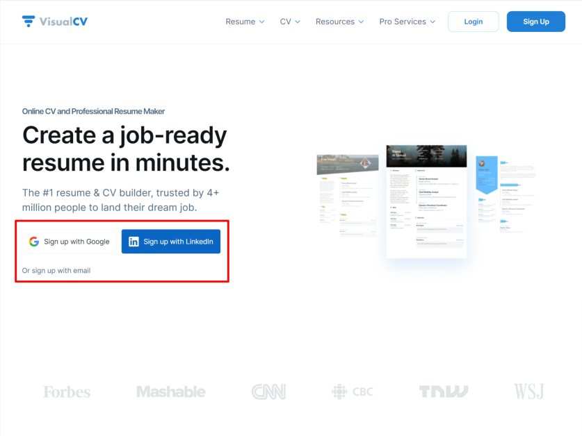 Signing up for an account on VisualCV.
