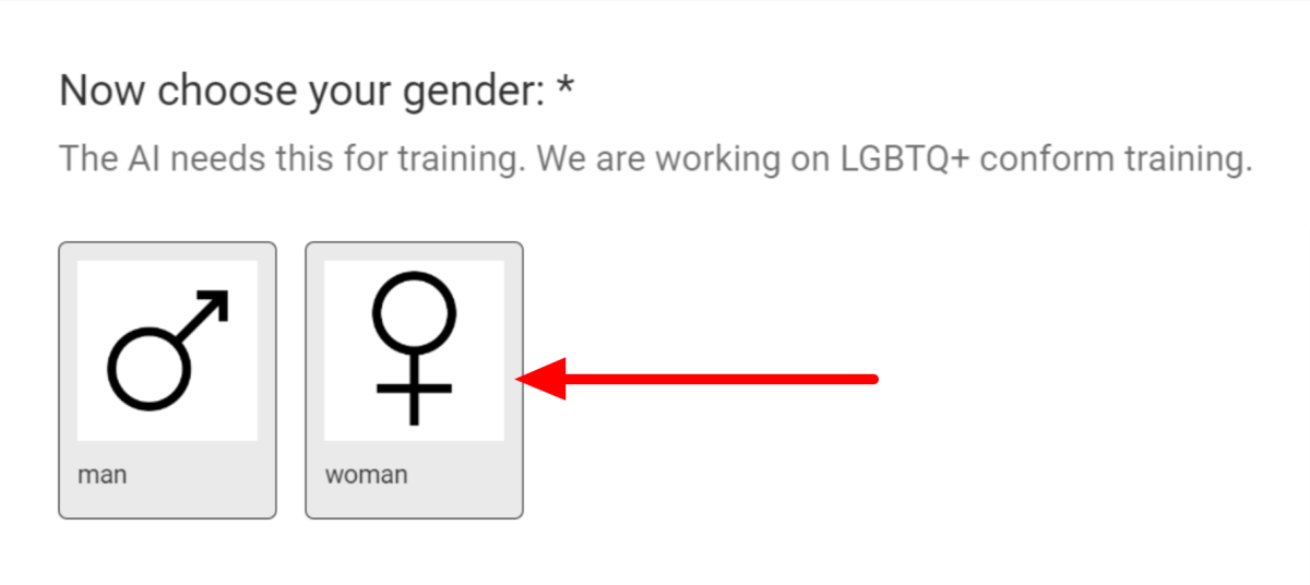 Selecting "woman" when choosing my gender when using Profile Bakery.