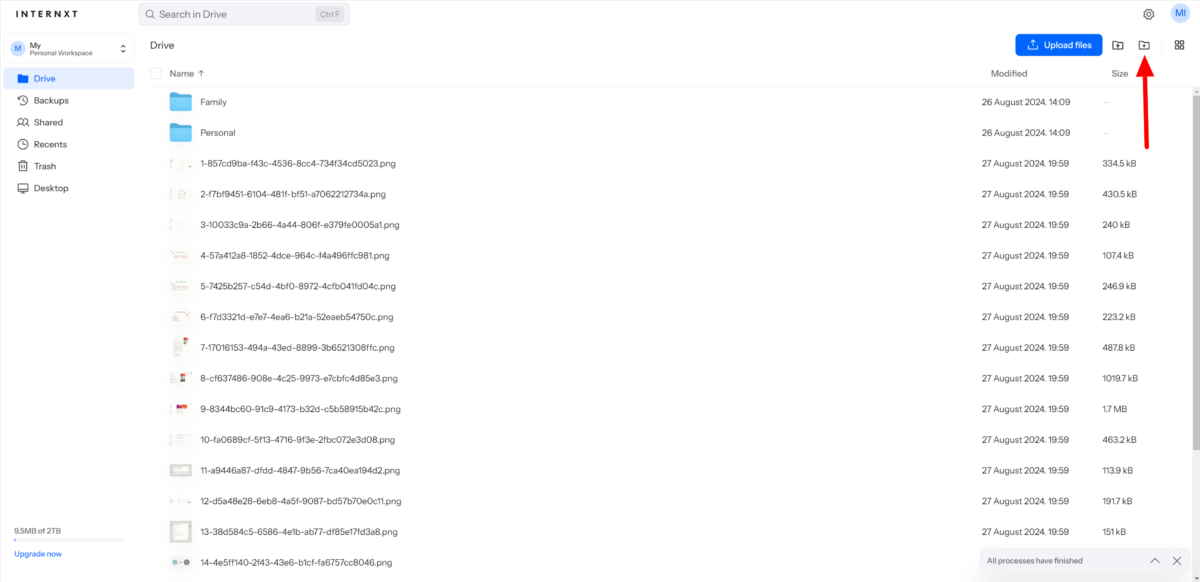 Creating a new folder on Internxt.