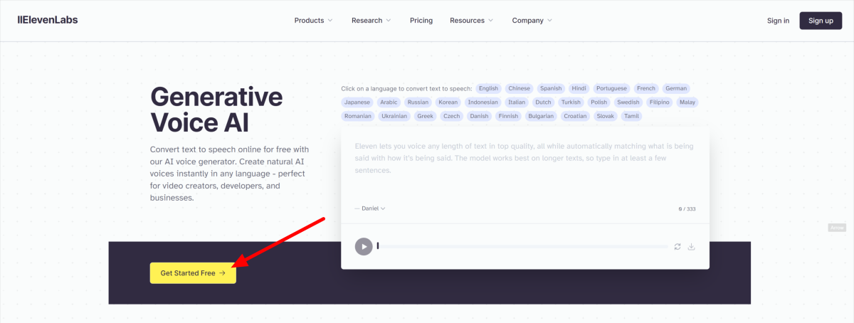 5-elevenlabs-create-an-account Selecting "Get Started Free" on the ElevenLabs homepage.