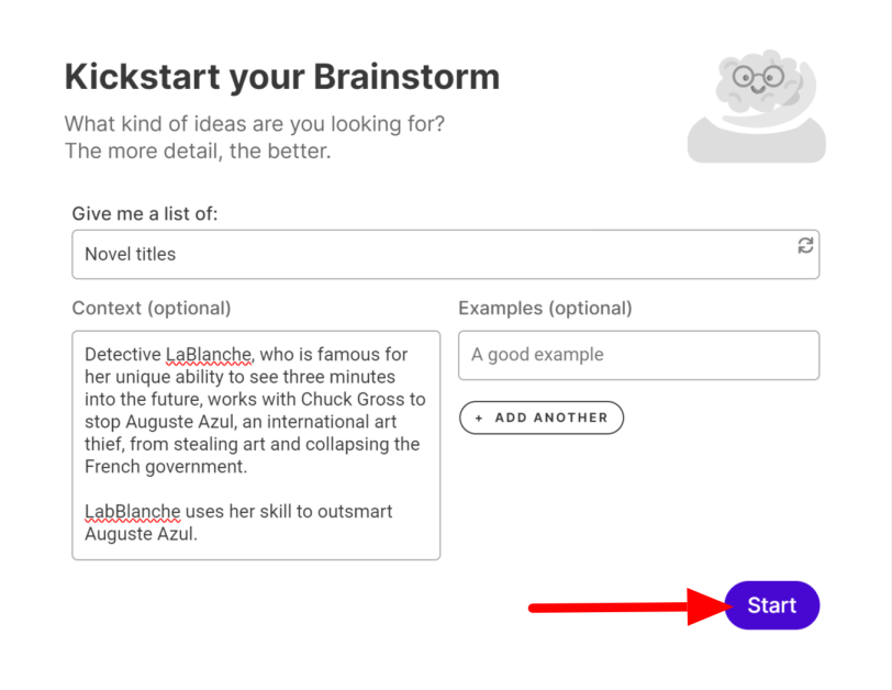 Brainstorming novel titles using Sudowrite.