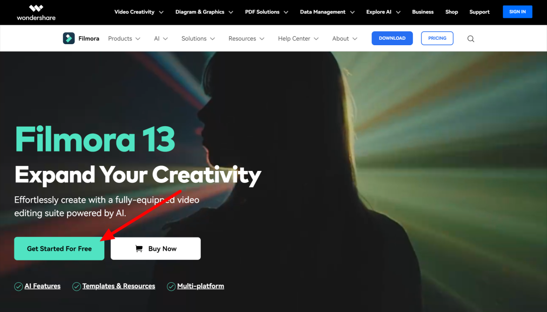 Selecting the get started free button on the Wondershare Filmora homepage.