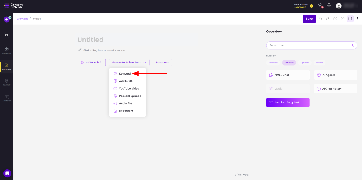 Telling Content at Scale I want to generate an article from a keyword in the Editor.