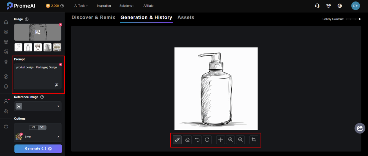 PromeAI automatically generating a text prompt when using the Sketch Rendering tool.