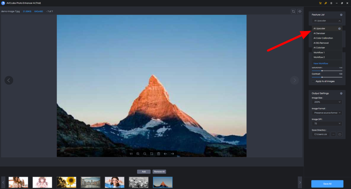 Selecting the AI Upscaler from the Feature List in AVCLabs Photo Enhancer.