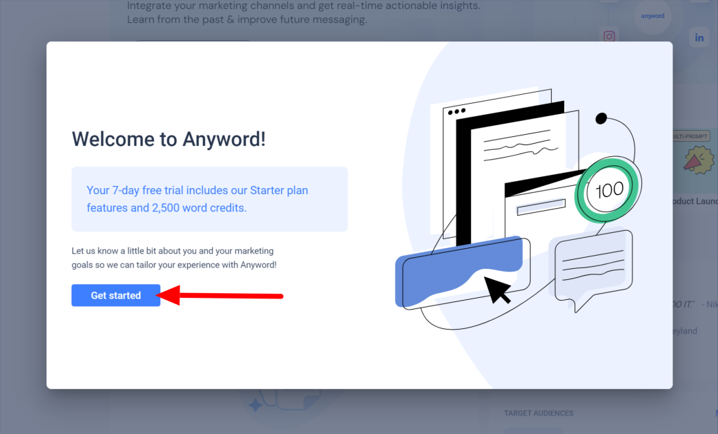 Selecting Get Started on the Anyword welcome message after creating an account.