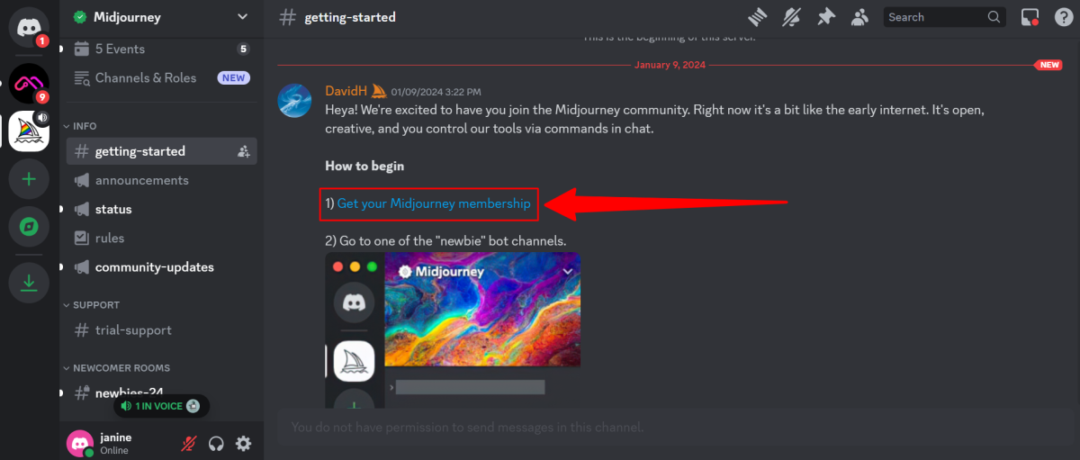 6-b9f0a048-27f7-4e5d-9a59-96bb8c5bca5a Selecting the link on the Midjourney Discord to get a Midjourney membership.