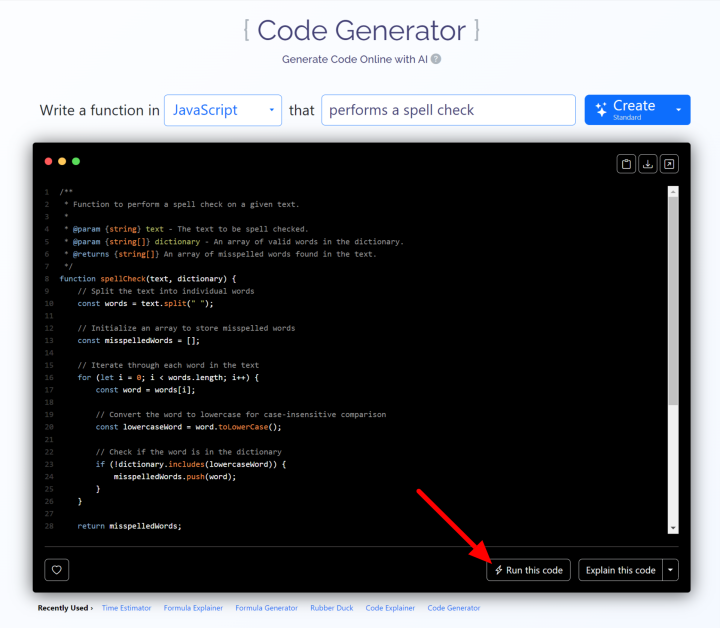 Selecting Run this code on the code generated in Javascript using CodePal's Code Generator.