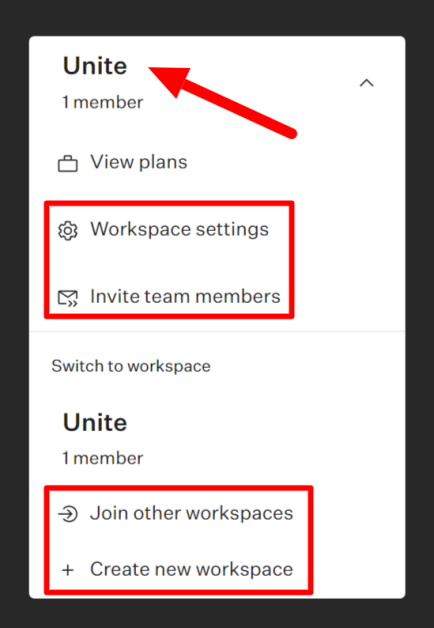 Selecting the workspace name and viewing workspace and member options with Colossyan.