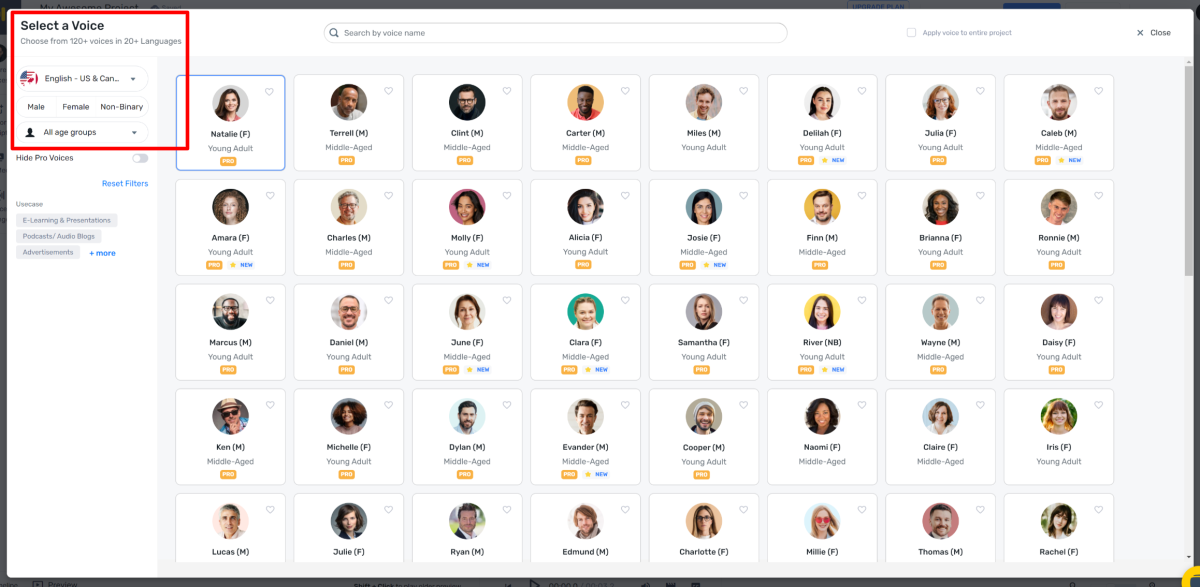 6-murf-ai-select-voice Selecting a voice using Murf AI.