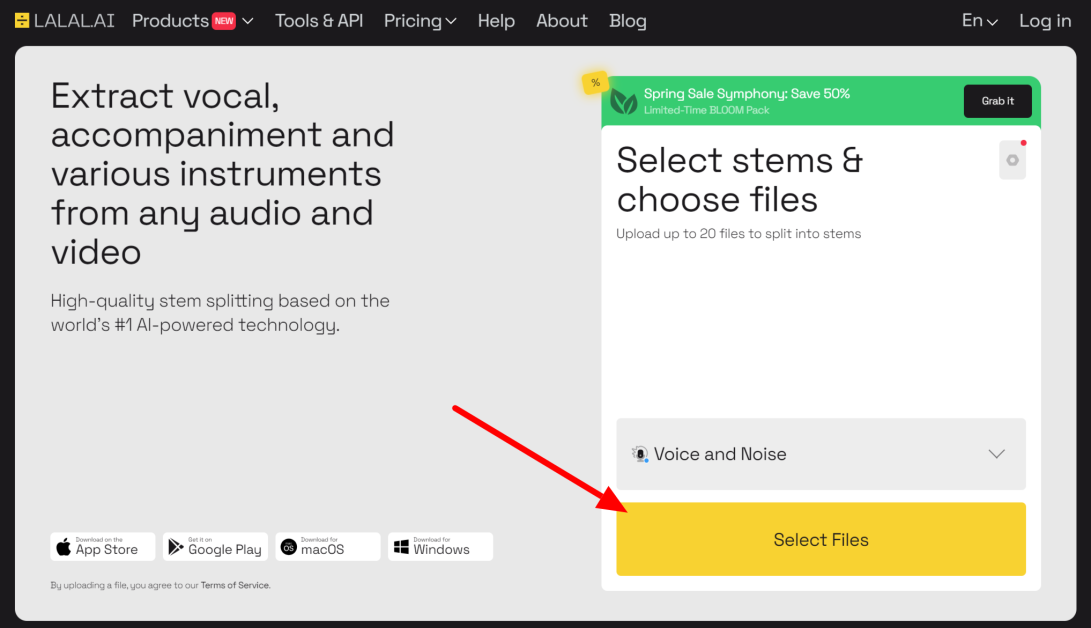 Hitting "Select Files" to upload files into the Lalal.ai Stem Splitter.