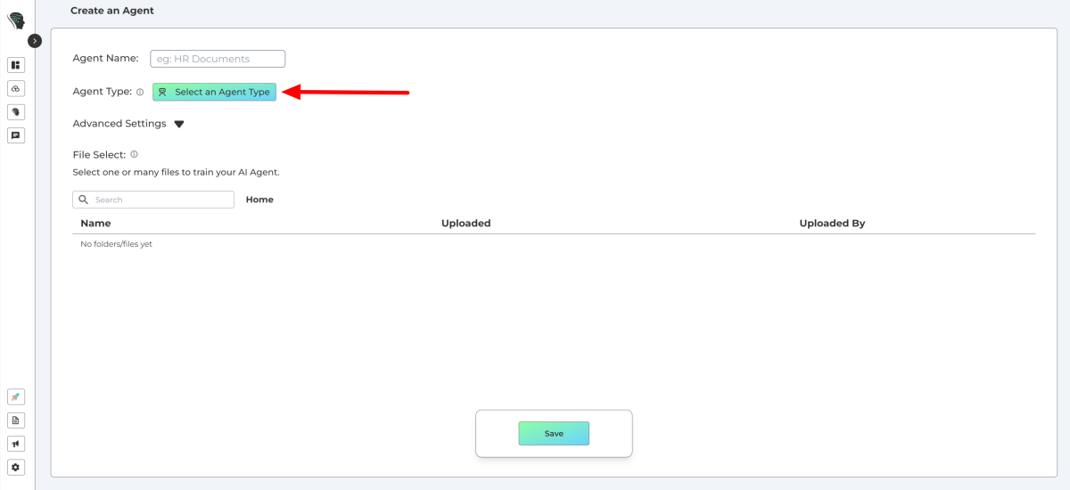 Clicking Select an Agent Type when creating a new AI Agent with Echobase.