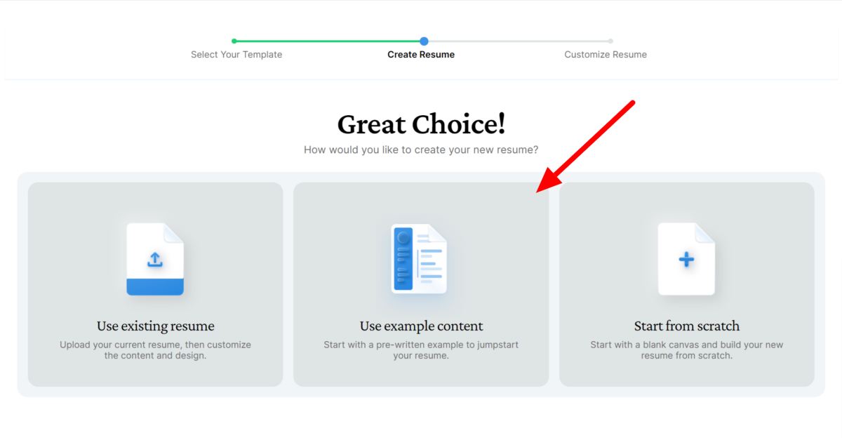 Selecting how I wanted to create a new resume by using example content.