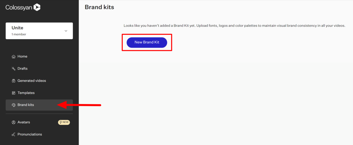 In my Colossyan account, selecting Brand Kits and going to New Brand Kit to add brand styles.