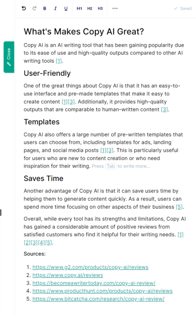 Formatting text generated with Copy AI using the Copy AI editor.