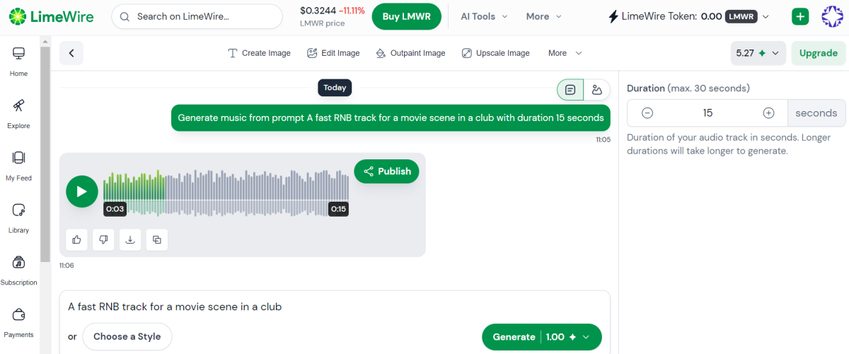 LimeWire generating a fast RNB track for a movie scene in a club.